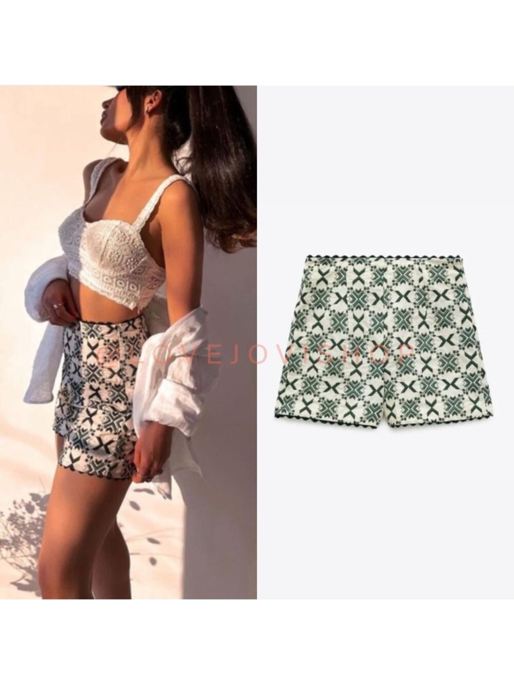 Shorts | Zara Green Cream Embroidered High Waisted | Feminine Coastal Romantic